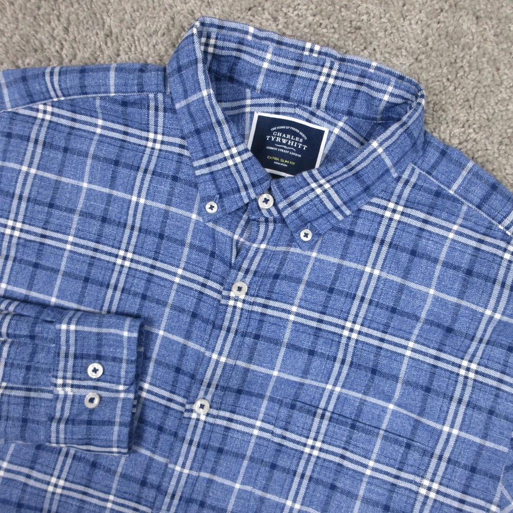 Charles Tyrwhitt Shirt Mens XL Blue Plaid Extra Slim Twill Flannel Button Up EUC